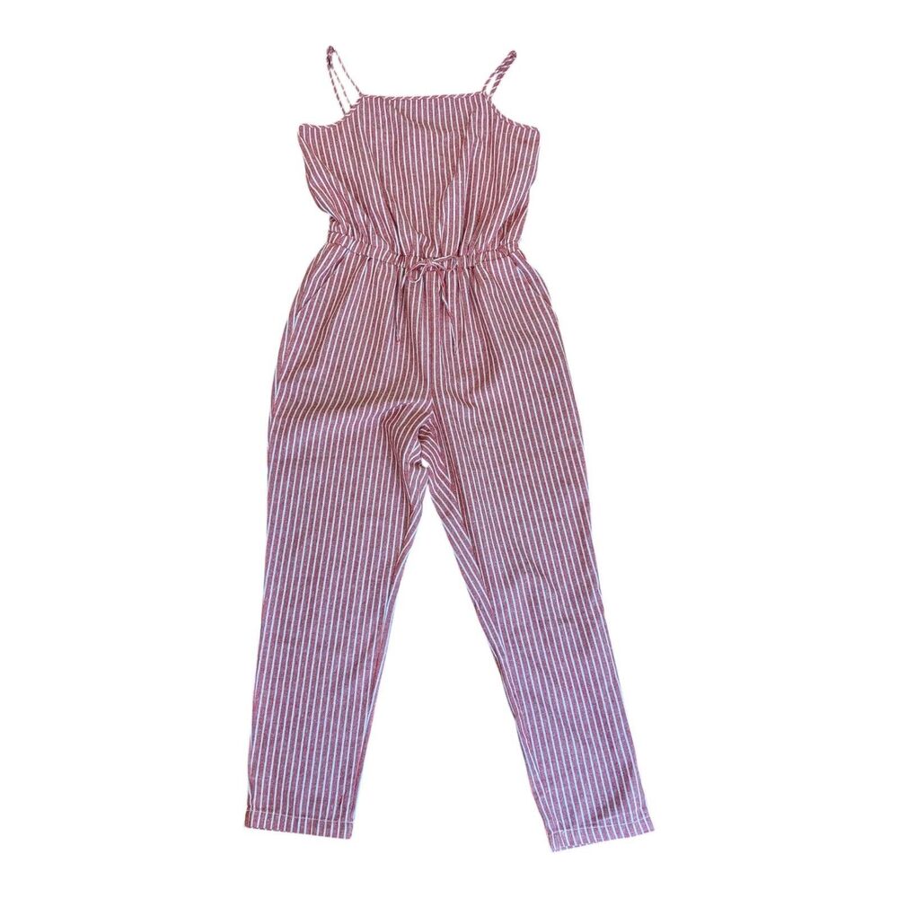 CI Sono Womens Jumpsuit L Red White Stripes Spaghetti Straps Smocked Backed